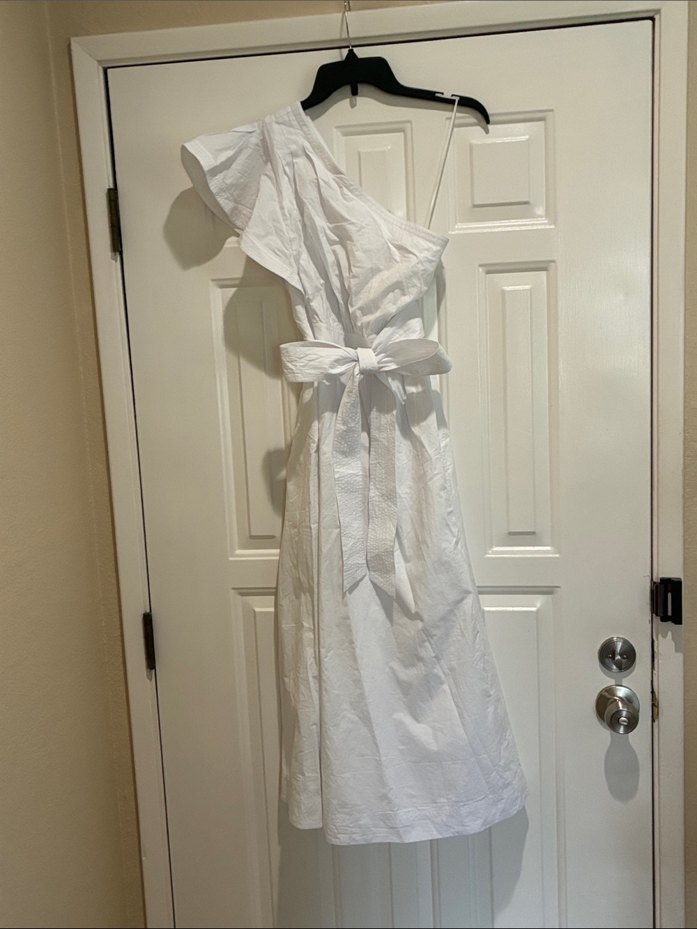Madewell One-Shoulder White cotton Midi Dress with Waist Tie